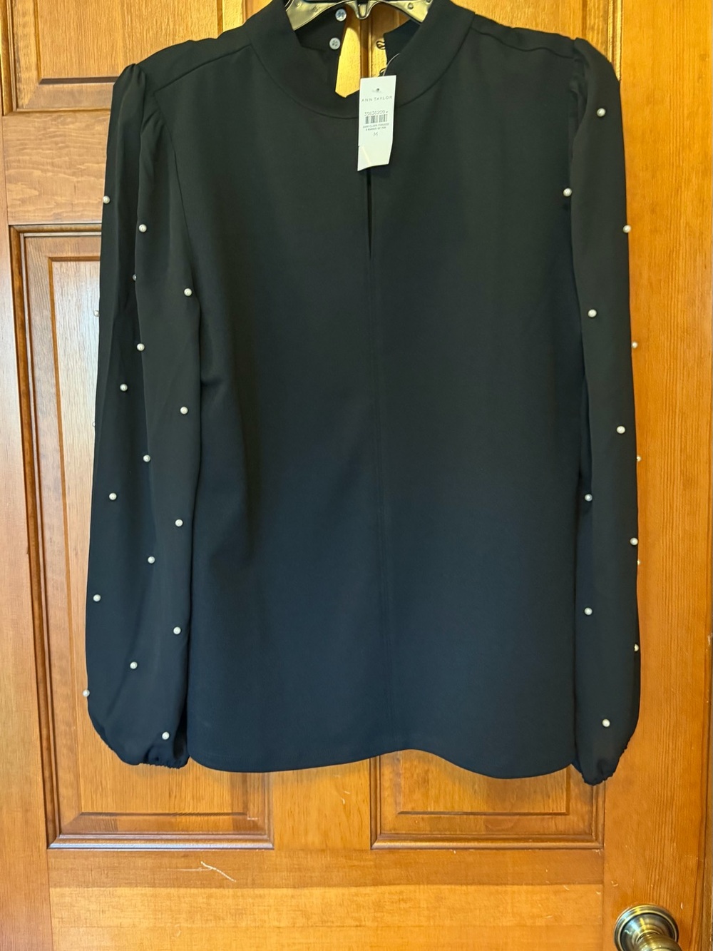 Ann Taylor Black Pearl-Embellished Long Sleeve Blouse